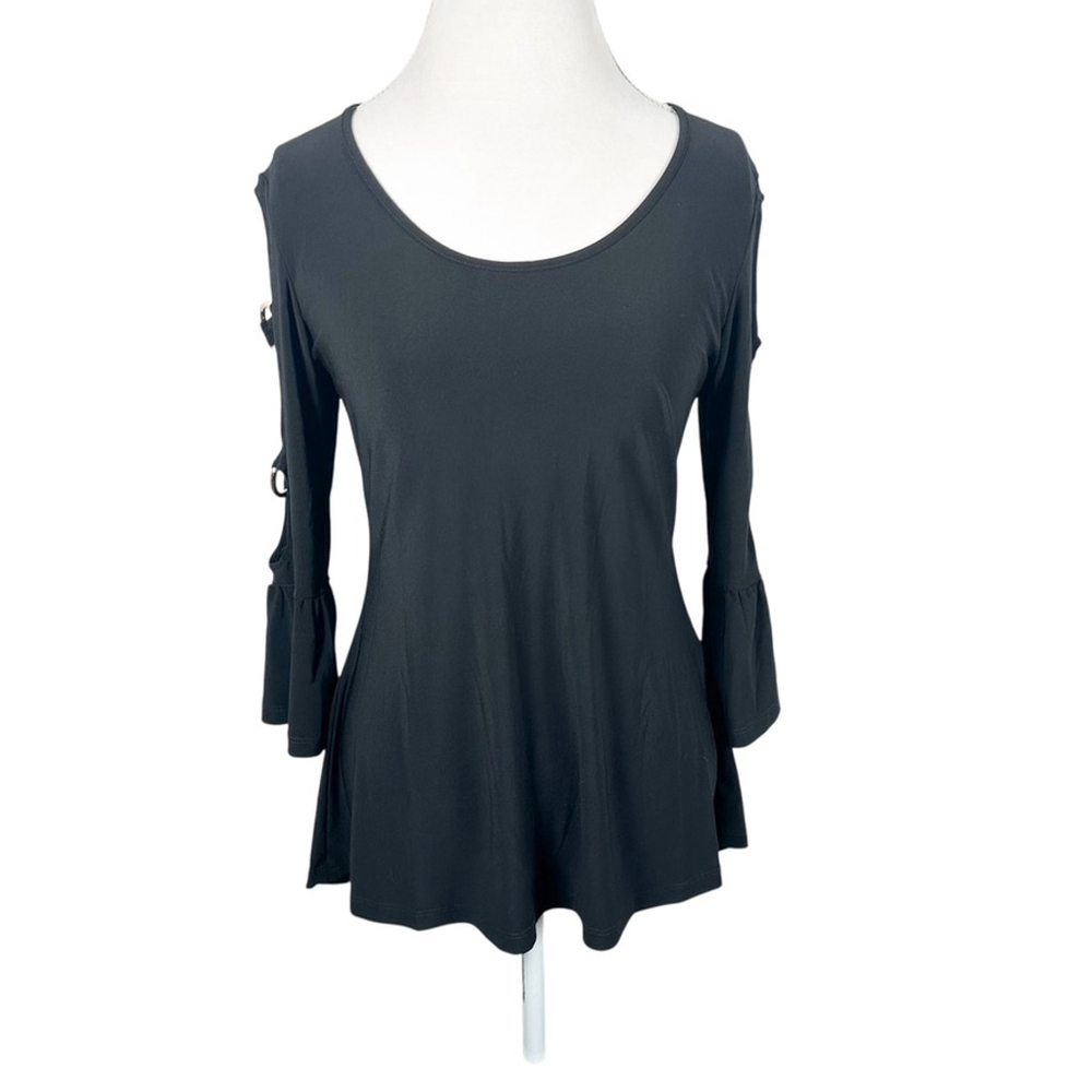 Joseph Ribkoff Black Tunic Top Silver Accent Slit Sleeves Jersey knit Size 10 - Picture 2 of 9